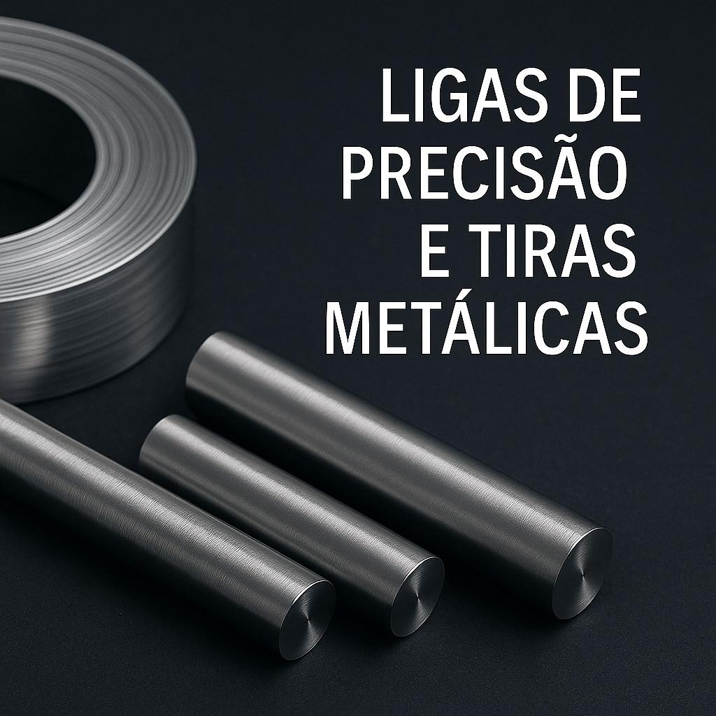 Bobinas e barras metálicas representando as ligas de precisão e tiras metálicas fornecidas pela Topdur, representante oficial da Zapp Precision Metals e VDM Metals no Brasil.